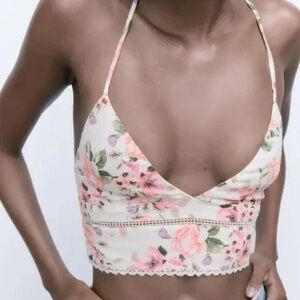 Zara Floral Crop Top White Pink Strappy Back Size S